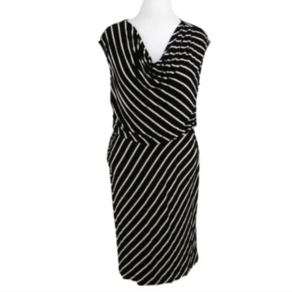 Calvin Klein Black and White Striped Draped Sheath Dress